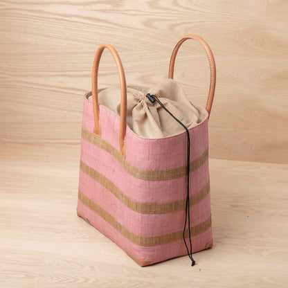 Raffia Pink Beach Stripe Tote with Leather Handle Raffia Tote - rockflowerpaper