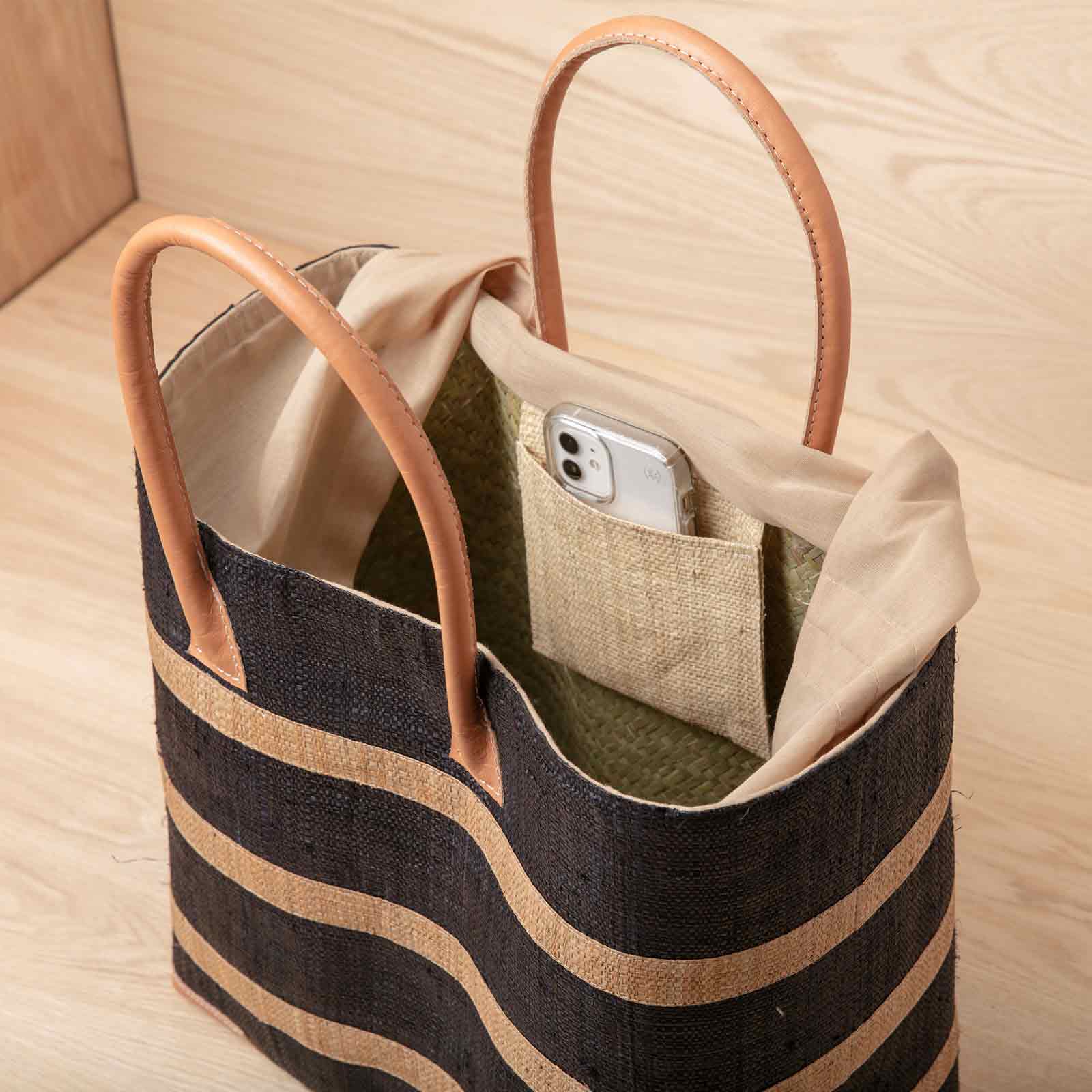 Tote with leather outlet handles