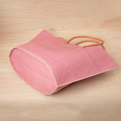 Raffia Pink Tote with Leather Handle Raffia Tote - rockflowerpaper