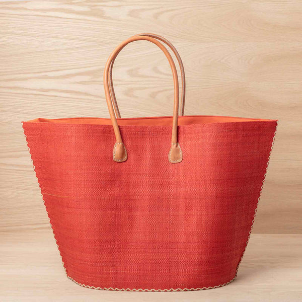 Raffia Coral Tote with Leather Handle – rockflowerpaper LLC