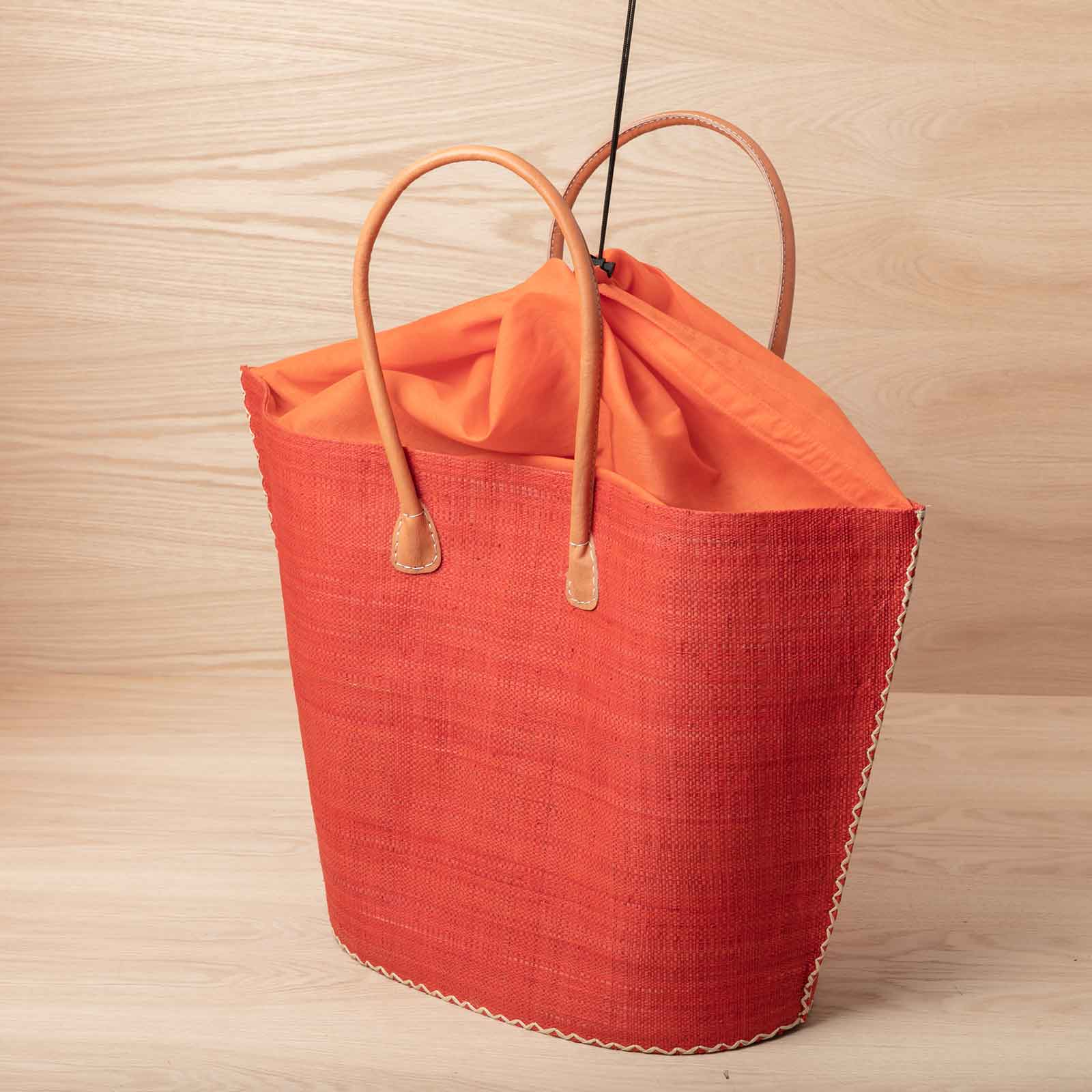 Straw Tote Bag in Raphia and Orange Leather
