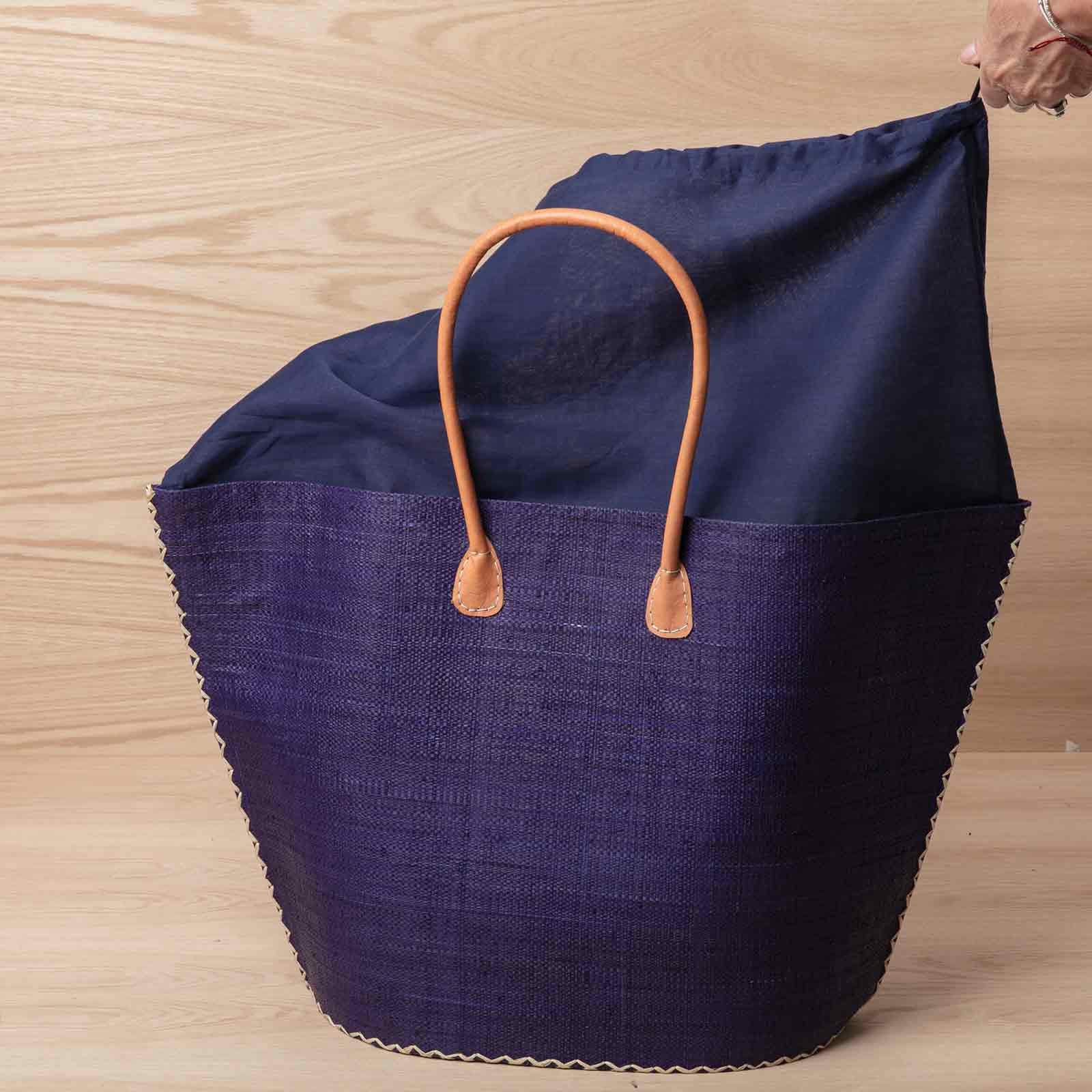 Raffia Navy Tote with Leather Handle