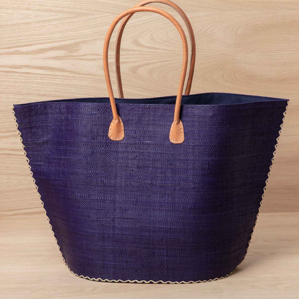 Raffia Navy Tote with Leather Handle – rockflowerpaper LLC