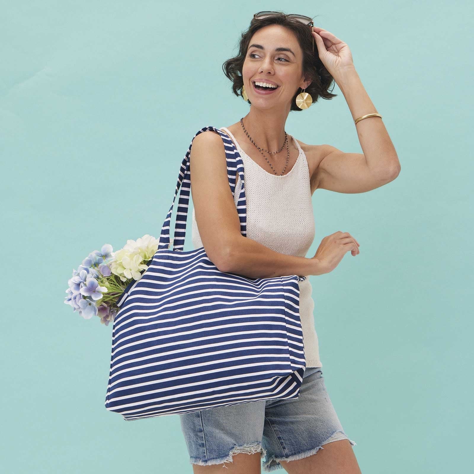 Breton Stripe Little Shopper Tote Bag - 100% Cotton Tote - rockflowerpaper