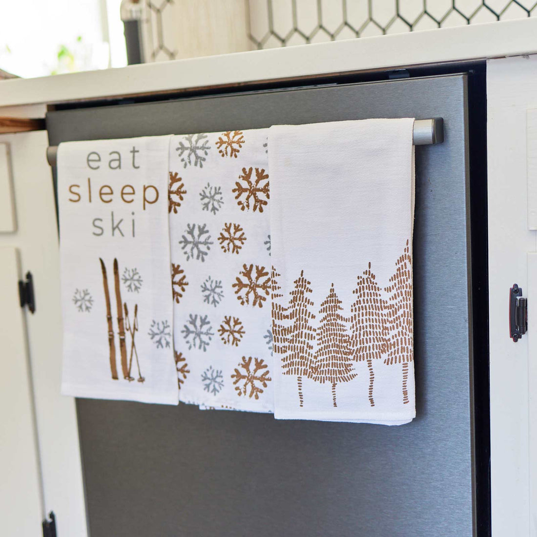 Eat Sleep Ski Cotton Kitchen Towels Set Of 3 Kitchen Towel - rockflowerpaper