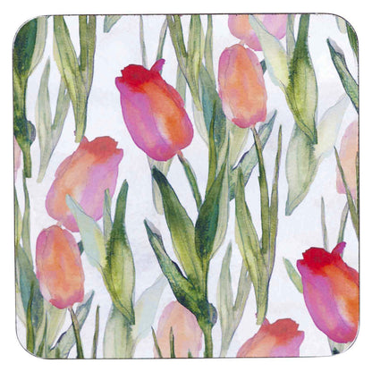Pink Tulips Square Art Coasters - Set of 4 Coaster - rockflowerpaper