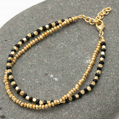 Two Line 18K Gold Plated Beaded Bracelet With Black And Gold Combo Line And Gold Line Bracelet - rockflowerpaper