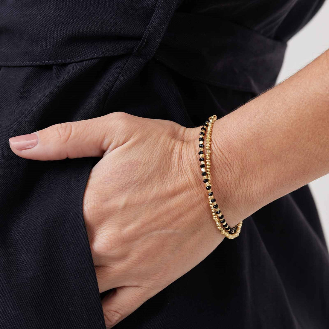 Two Line 18K Gold Plated Beaded Bracelet With Black And Gold Combo Line And Gold Line Bracelet - rockflowerpaper