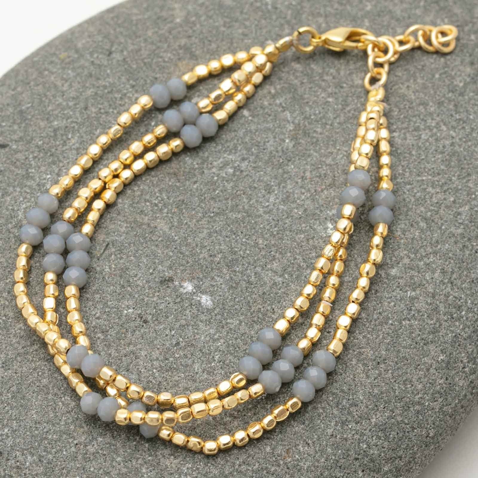 6.5 Inch 18K Gold Plated Three Line Grey Chalcedony And Gold Beaded Bracelet Bracelet - rockflowerpaper