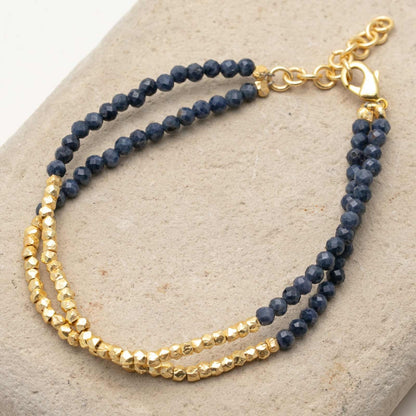 Two Line 18K Gold Plated Two-Tone Lapiz And Gold Beaded Bracelet Bracelet - rockflowerpaper