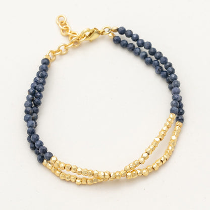 Two Line 18K Gold Plated Two-Tone Lapiz And Gold Beaded Bracelet Bracelet - rockflowerpaper