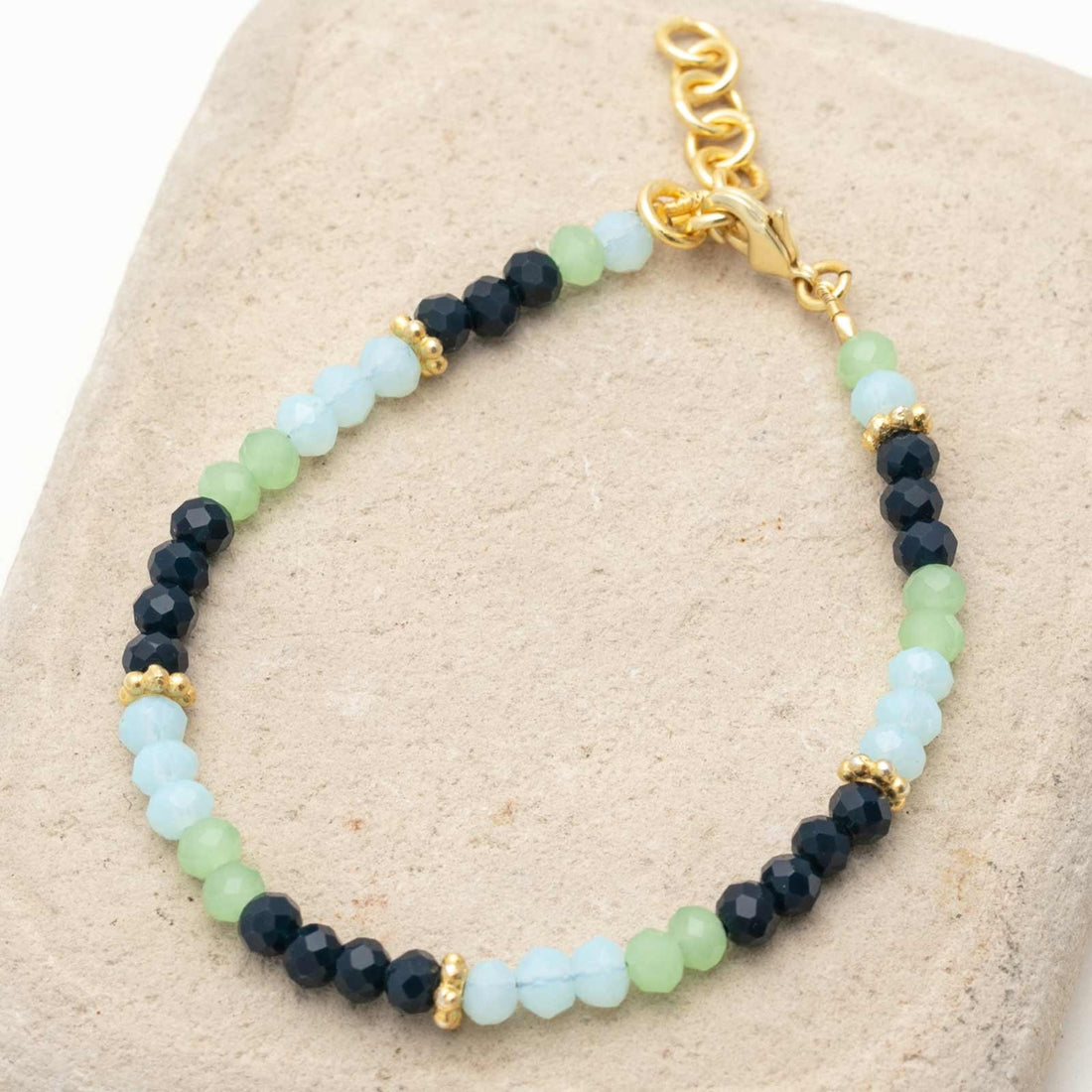 Tri Color Beaded Bracelet With Blue And Green Chalcedony Lapiz And 18K Gold Plated Extender Chain Bracelet - rockflowerpaper