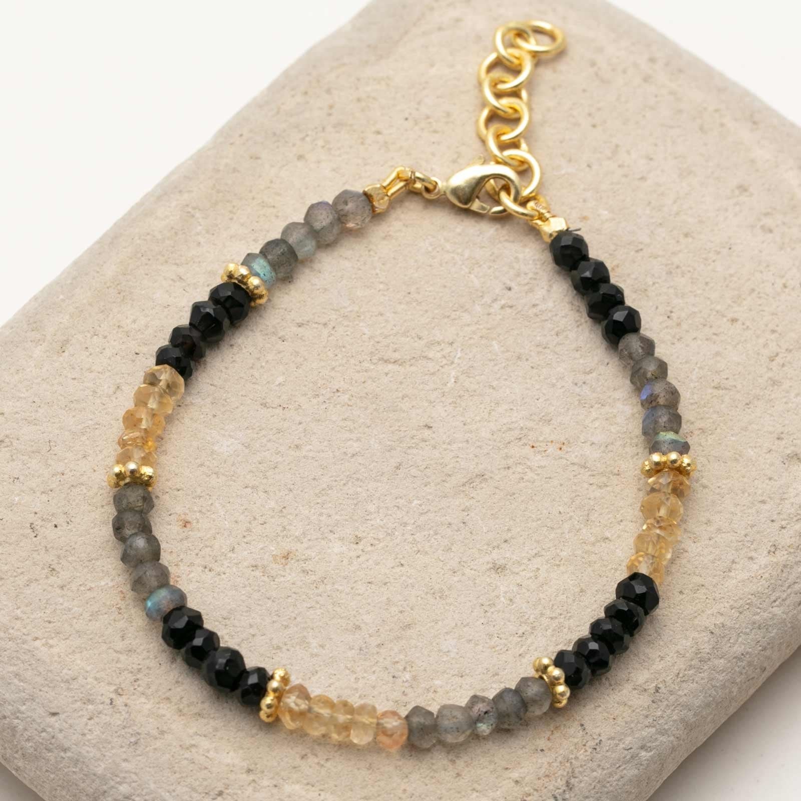 Tri Color Labradorite Black Onyx And Citrine Beaded Bracelet With 18K Gold Plated Extender Chain Bracelet - rockflowerpaper