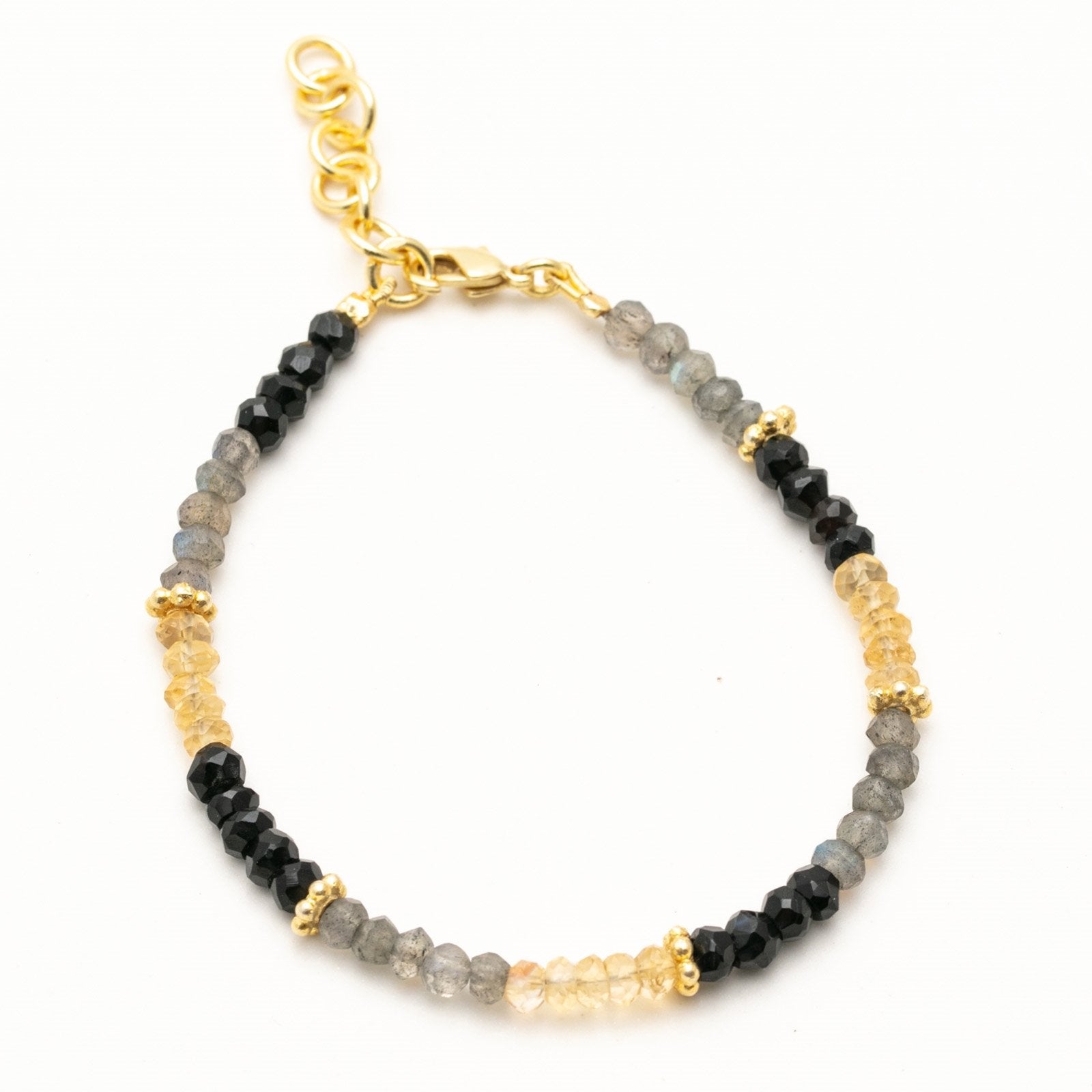 Tri Color Labradorite Black Onyx And Citrine Beaded Bracelet With 18K Gold Plated Extender Chain Bracelet - rockflowerpaper