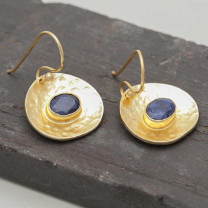 18K Gold Plated Wide Drop Earrings With Blue Sapphire Gemstones Earring - rockflowerpaper