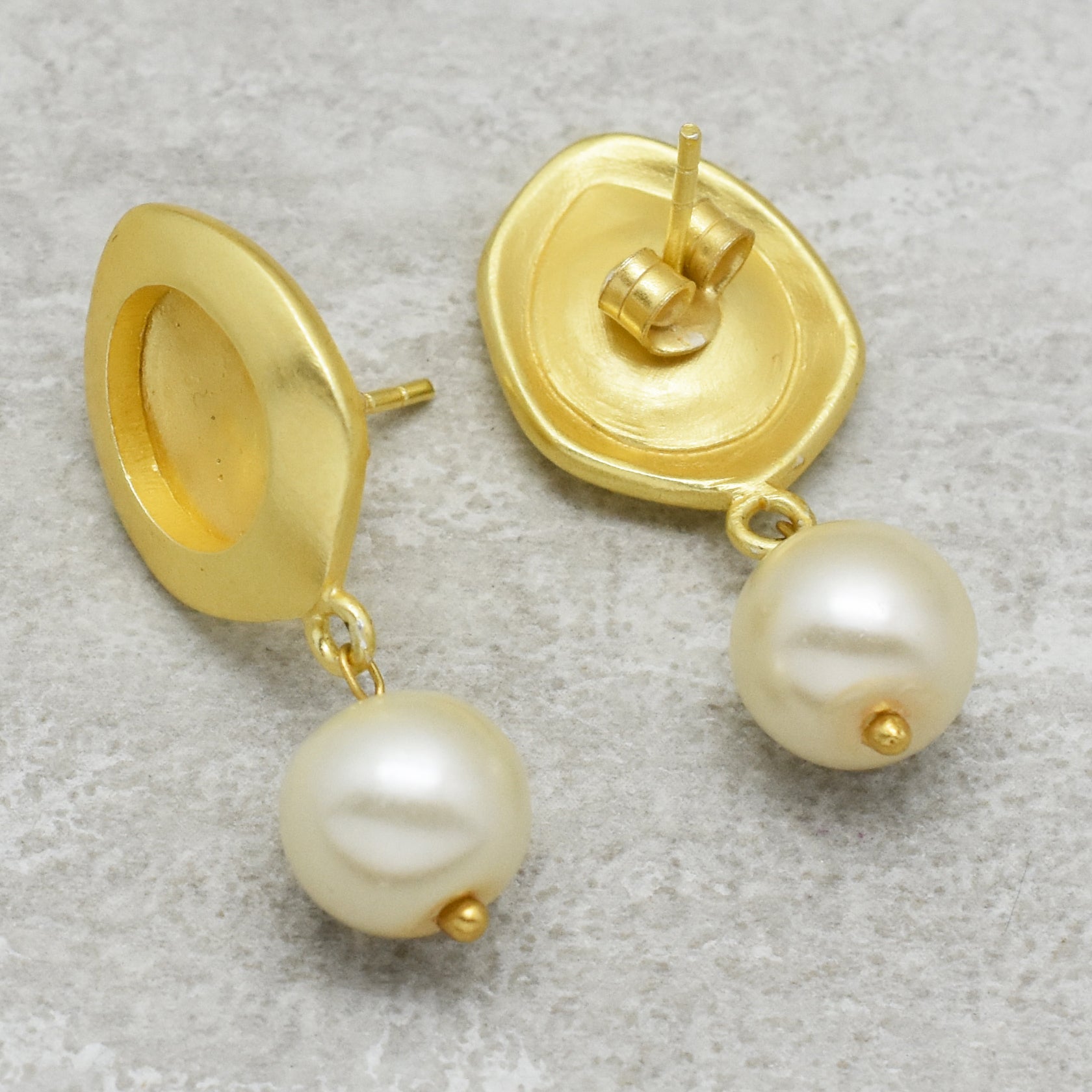 Retro Medallion Disc Cultured Pearl Double Dangle Earrings Gold Plated ...