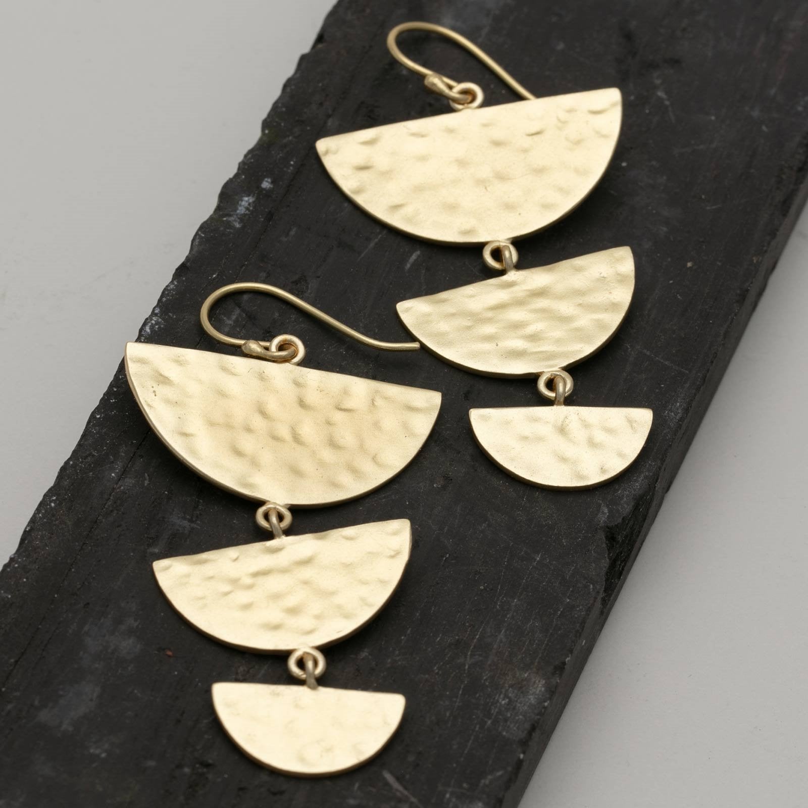 Stacked 3 Tier Semi-Circle 18K Gold Plated Hammered Earrings