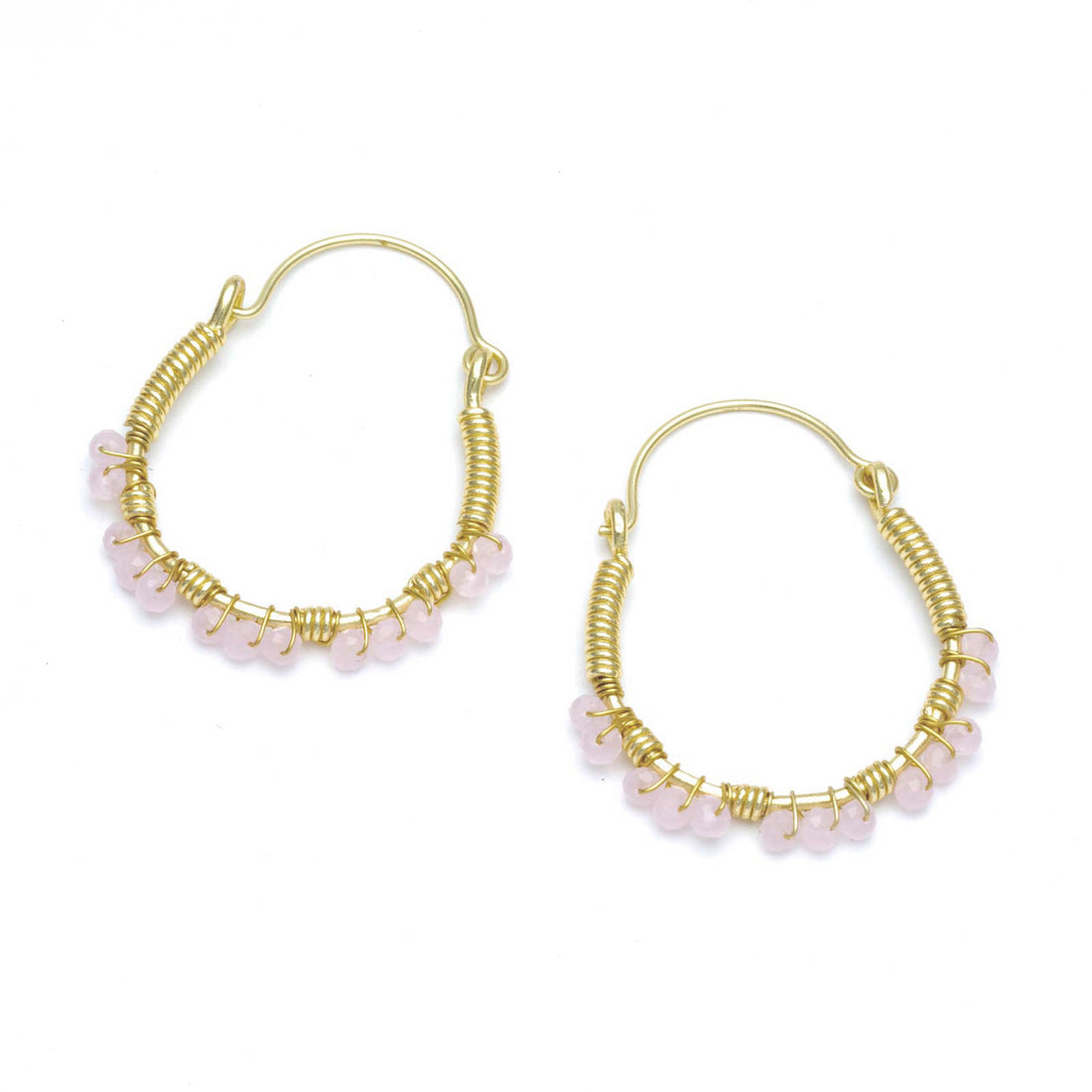 Rose Quartz Beaded Horseshoe Hoop Earrings Gold Plated Earring - rockflowerpaper