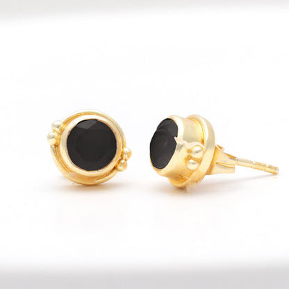 18K Gold Plated Black Onyx Small Round Stud Earrings Earring - rockflowerpaper