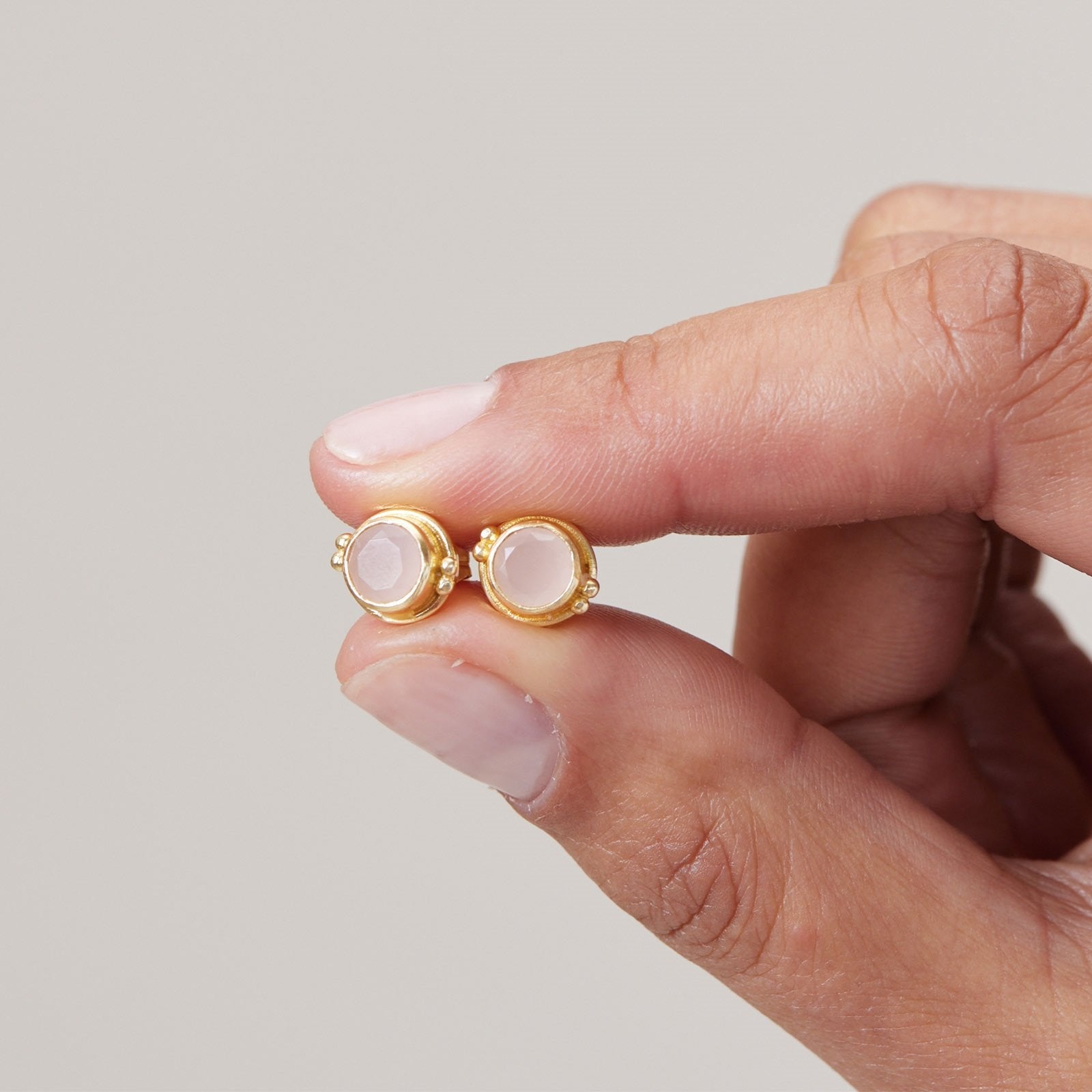 Small 18K Gold Plated Rose Quartz Circle Stud Earrings Earring - rockflowerpaper