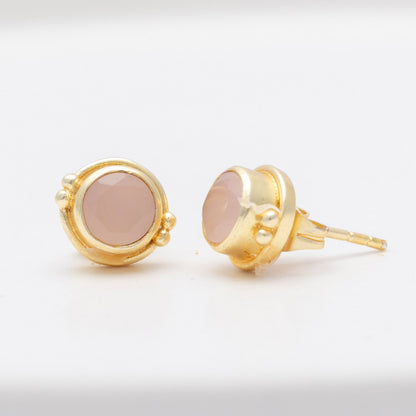 Small 18K Gold Plated Rose Quartz Circle Stud Earrings Earring - rockflowerpaper