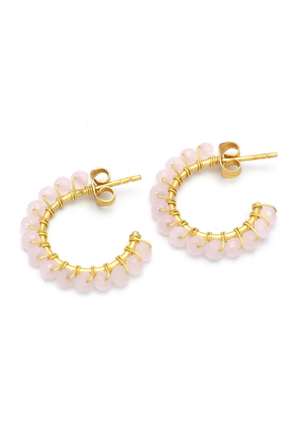 Small Hoop Earrings With Rose Quartz Beads 18K Gold Plated Earring - rockflowerpaper