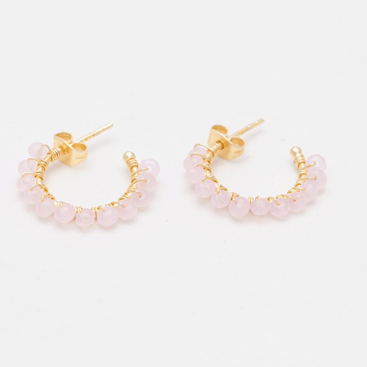 Small Hoop Earrings With Rose Quartz Beads 18K Gold Plated Earring - rockflowerpaper