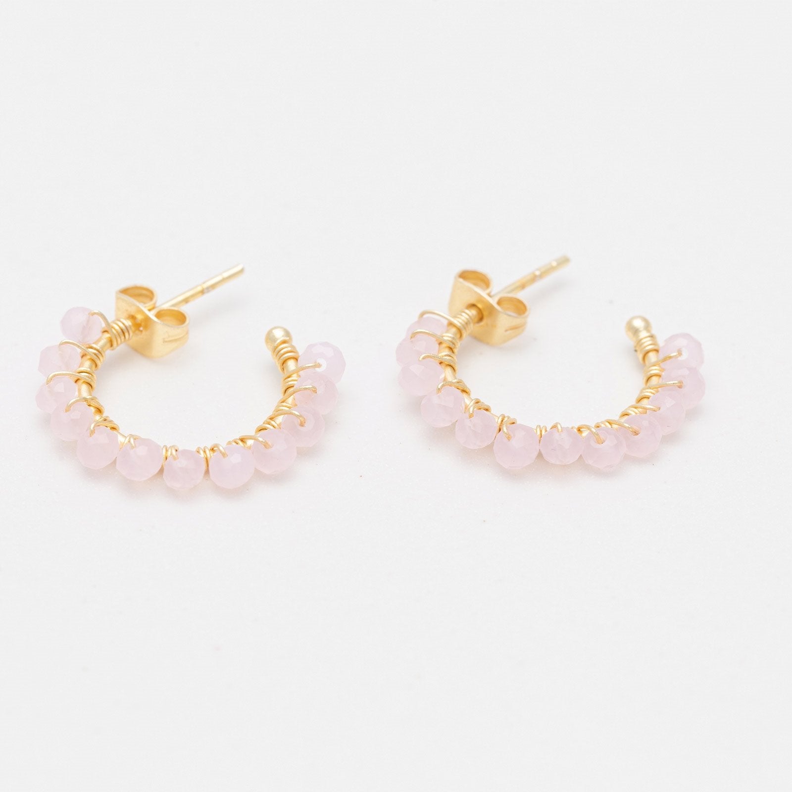 Small Hoop Earrings With Rose Quartz Beads 18K Gold Plated Earring - rockflowerpaper