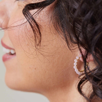 Small Hoop Earrings With Rose Quartz Beads 18K Gold Plated Earring - rockflowerpaper