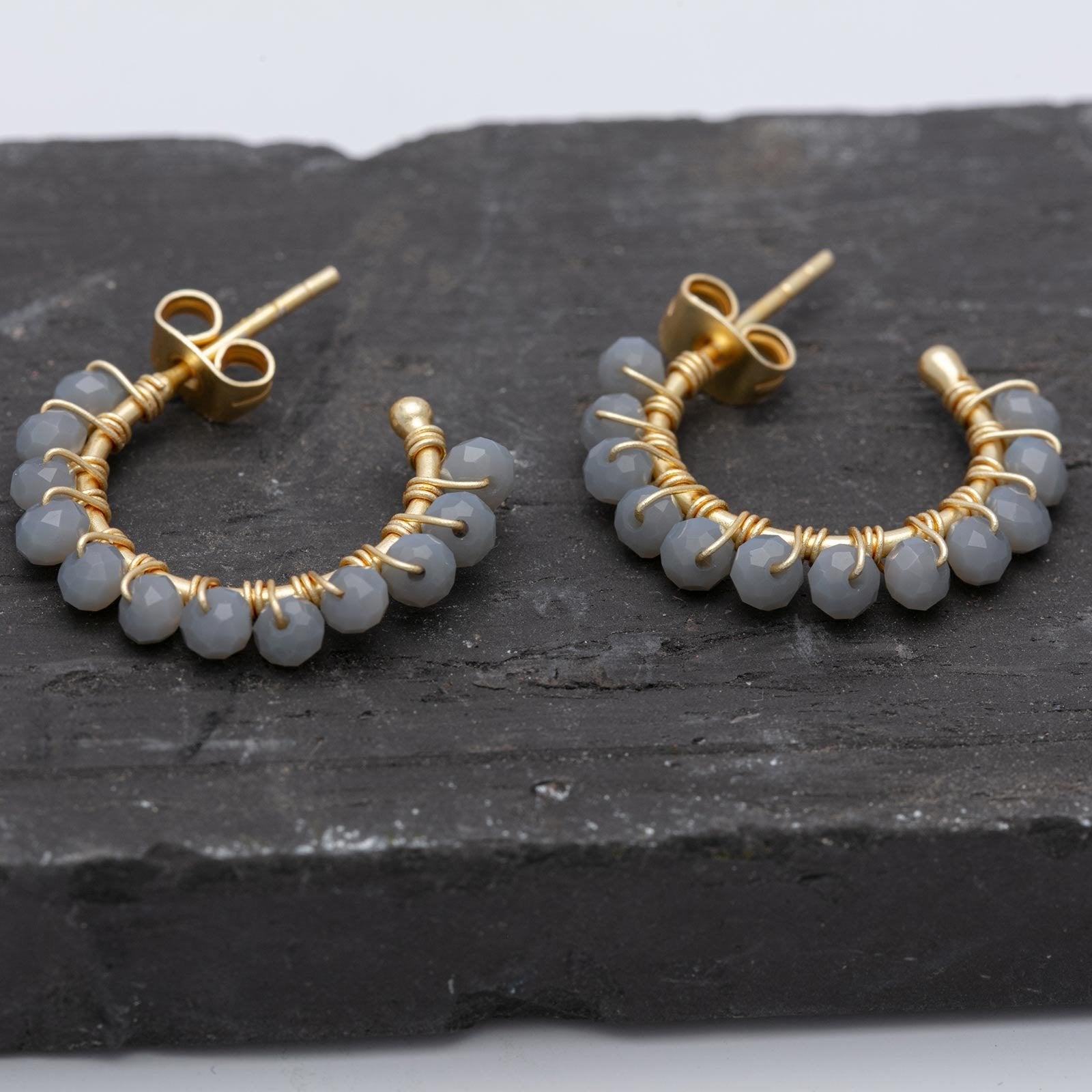 Small Hoop Earrings 18K Gold Plated With Grey Chalcedony Beads Earring - rockflowerpaper