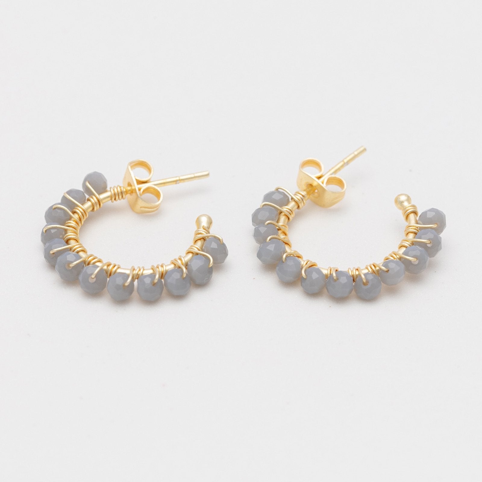 Small Hoop Earrings 18K Gold Plated With Grey Chalcedony Beads Earring - rockflowerpaper