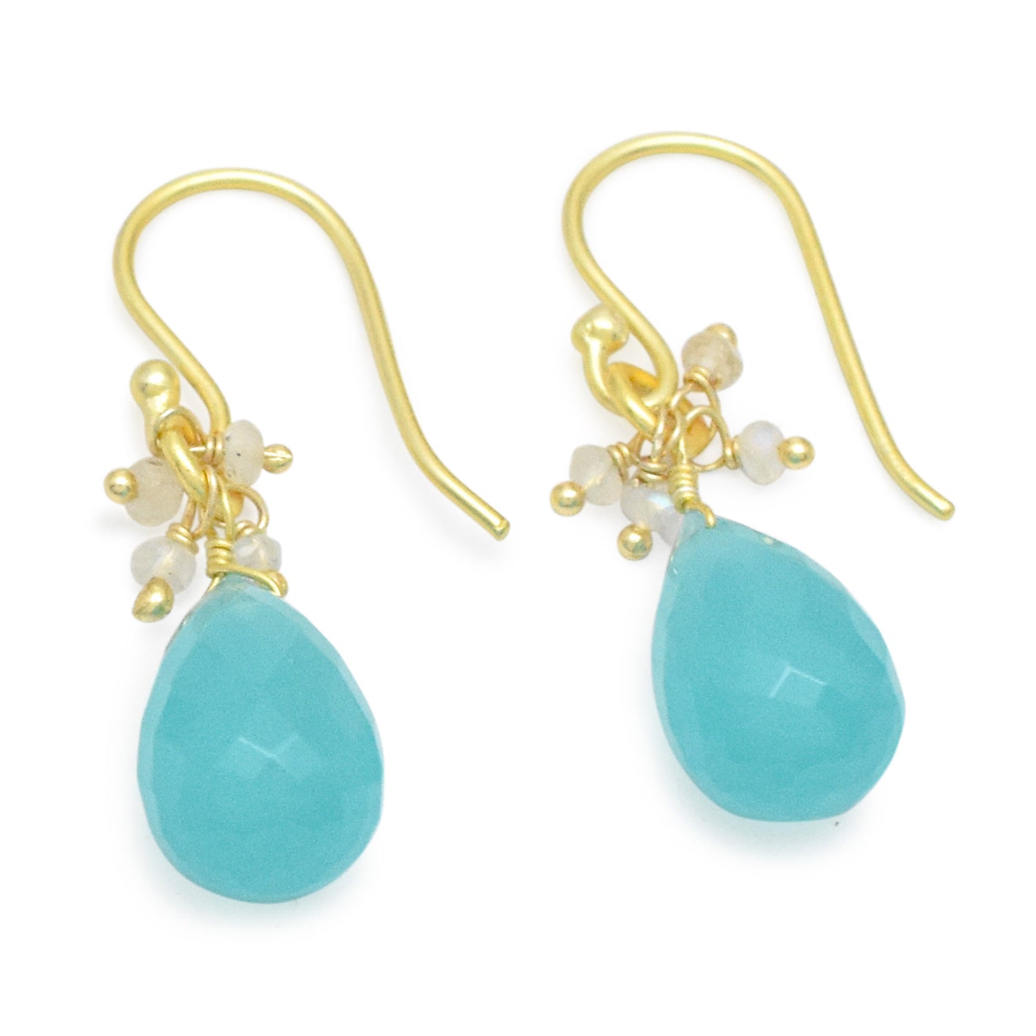 Aqua Chalcedony Briolette Rainbow Bead Dangle Earrings Gold Plated Earring - rockflowerpaper