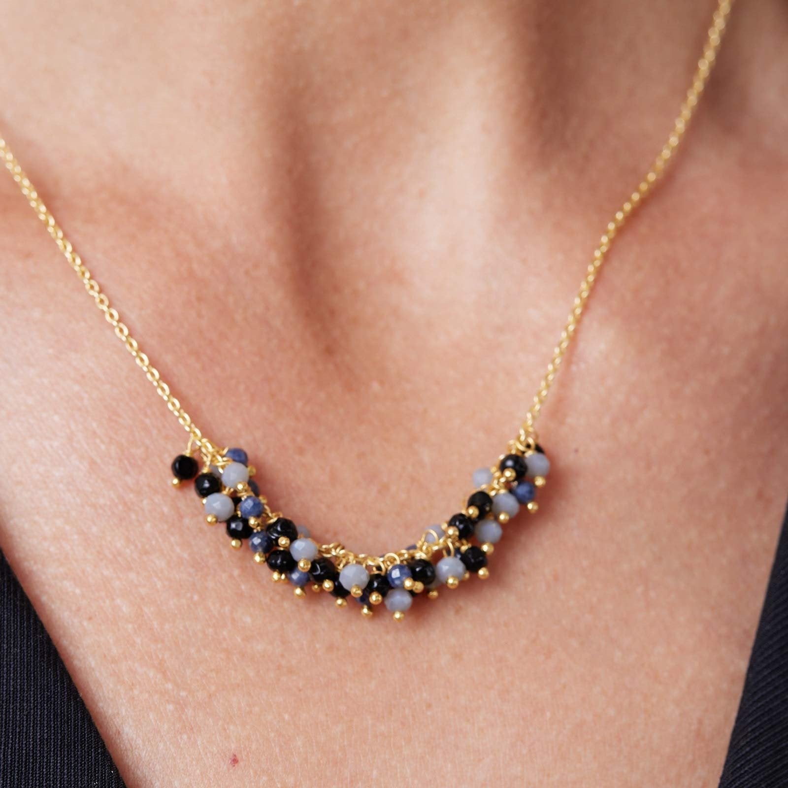 18 Inch 18K Gold Plated Black Onyx Lapiz And Grey Chalcedony Beaded Necklace Necklace - rockflowerpaper