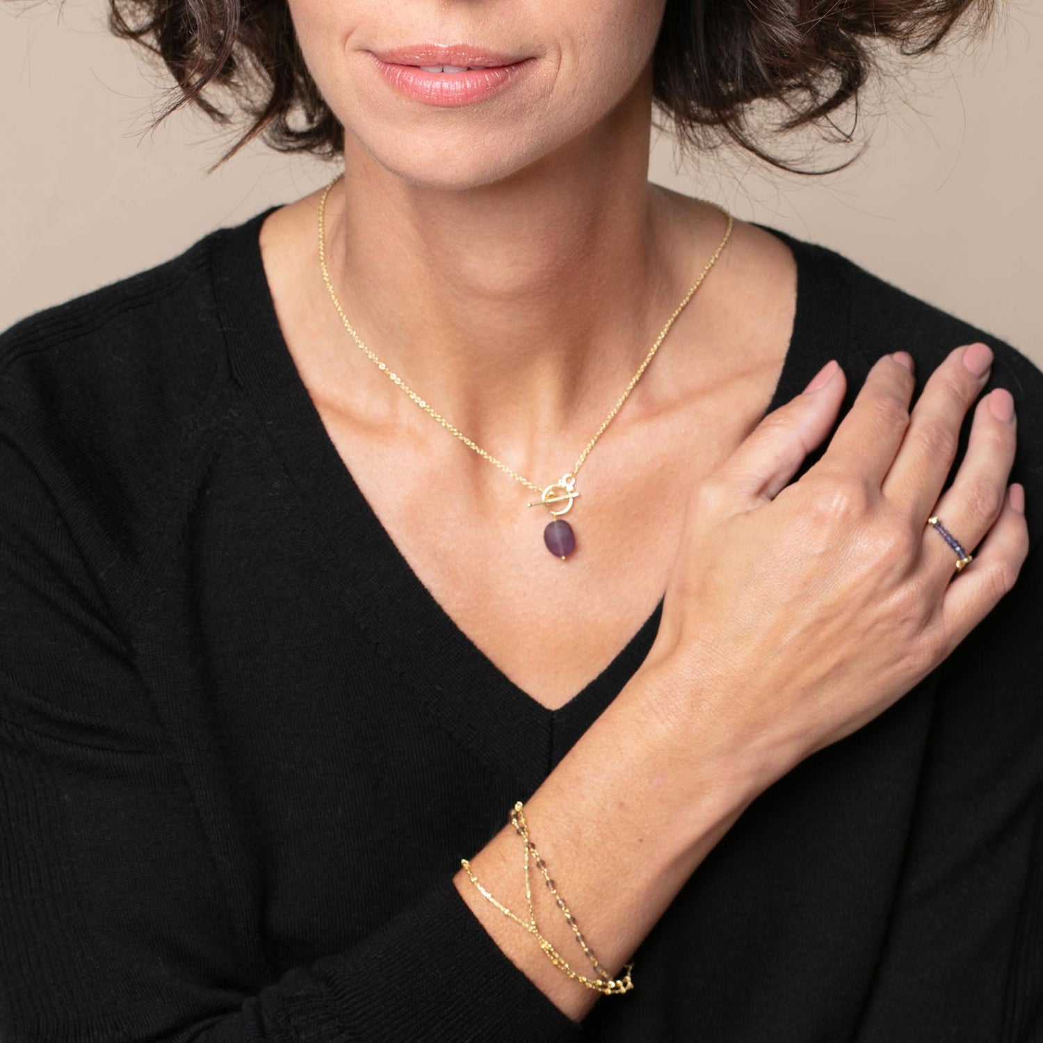 Amethyst Chalcedony Pendant Drop Necklace, 18” - Gold Plated Necklace - rockflowerpaper