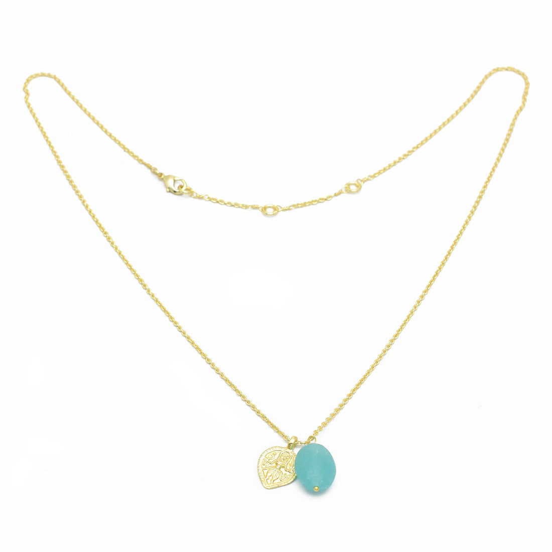 Aqua Chalcedony Durga Charm Double Pendant Necklace, 18&quot;+2” - Gold Plated Necklace - rockflowerpaper