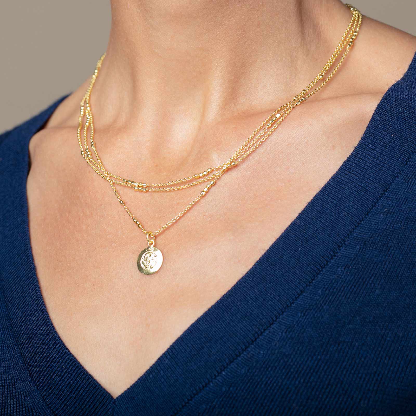 Medallion Om Pendant Chunky Bead Triple Layer Necklace, 18&quot;+2&quot; - Gold Plated Necklace - rockflowerpaper