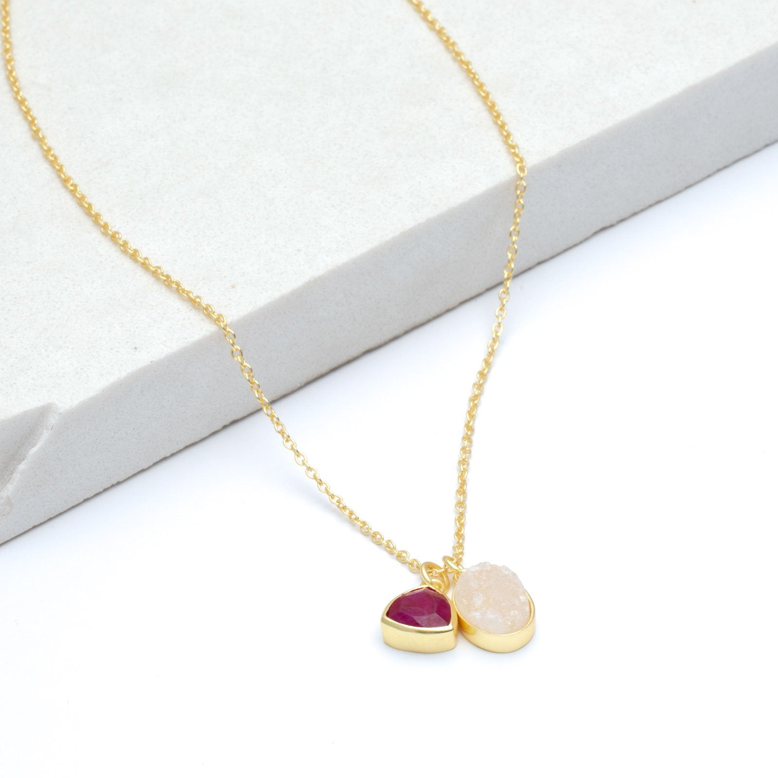 White Druzy &amp; Cherry Ruby Double Pendant Necklace, 18” - Gold Plated Necklace - rockflowerpaper