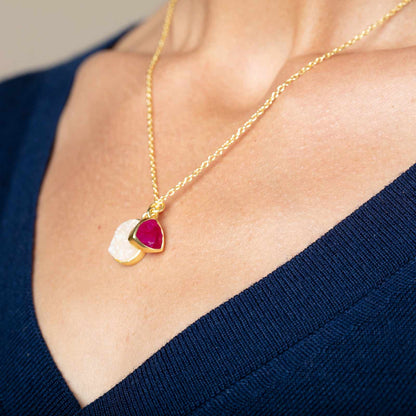 White Druzy &amp; Cherry Ruby Double Pendant Necklace, 18” - Gold Plated Necklace - rockflowerpaper