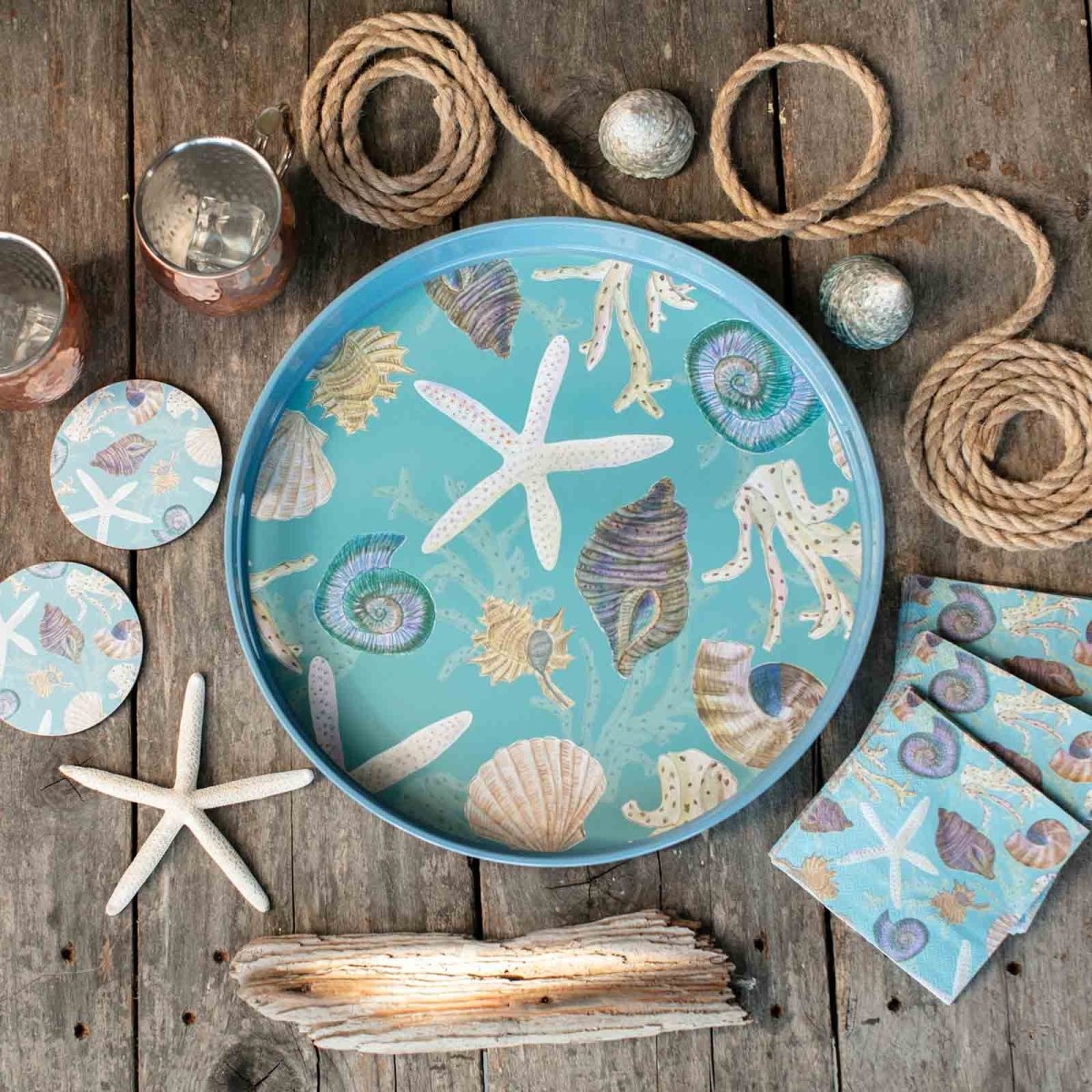 Aqua Blue Sea Treasures 15 Inch Round Tray Tray - rockflowerpaper