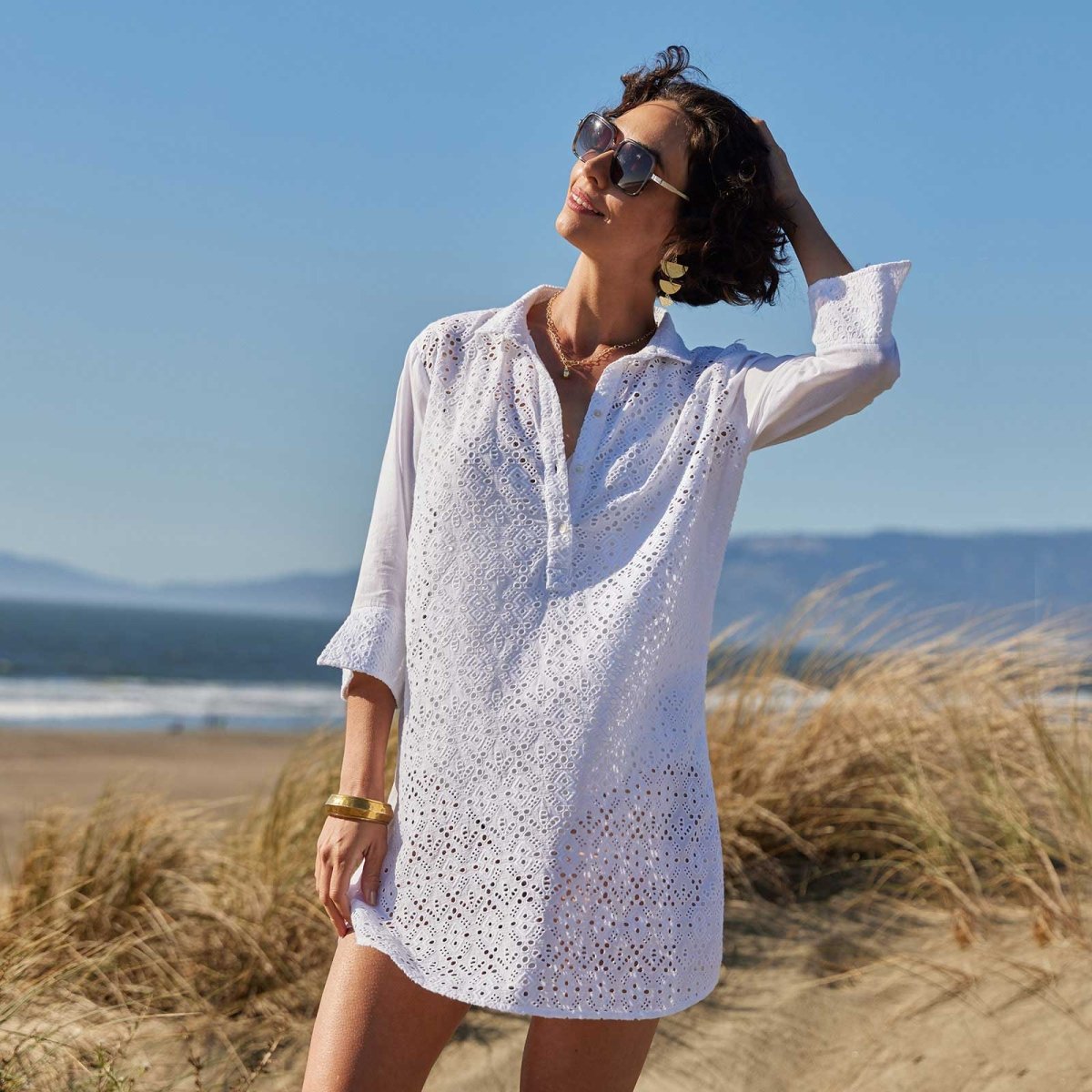 Breezy White Eyelet Beach Cover Up Shirt Swim Cover Up - rockflowerpaper