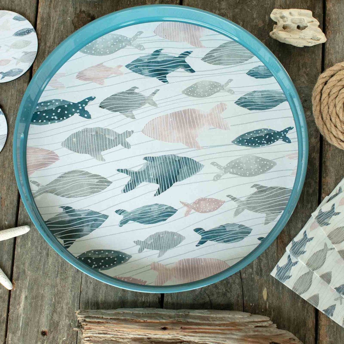 Cadet Blue Fish 15 Inch Round Tray Tray - rockflowerpaper