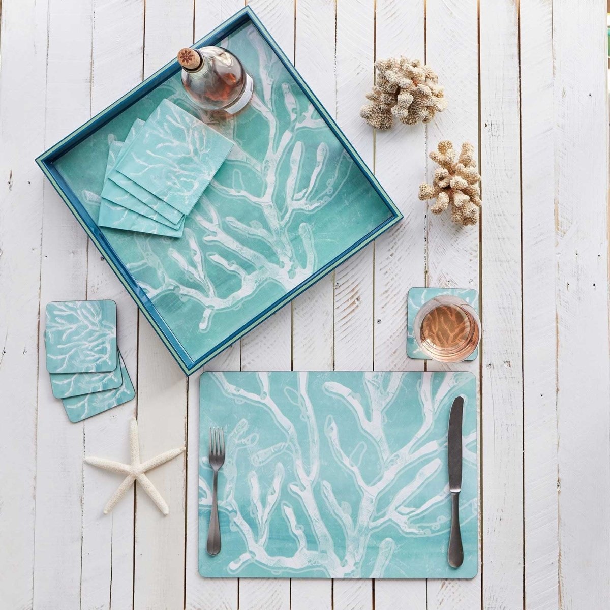 Cerulean Sea Coral Square Art Coasters - Set of 4 Coaster - rockflowerpaper