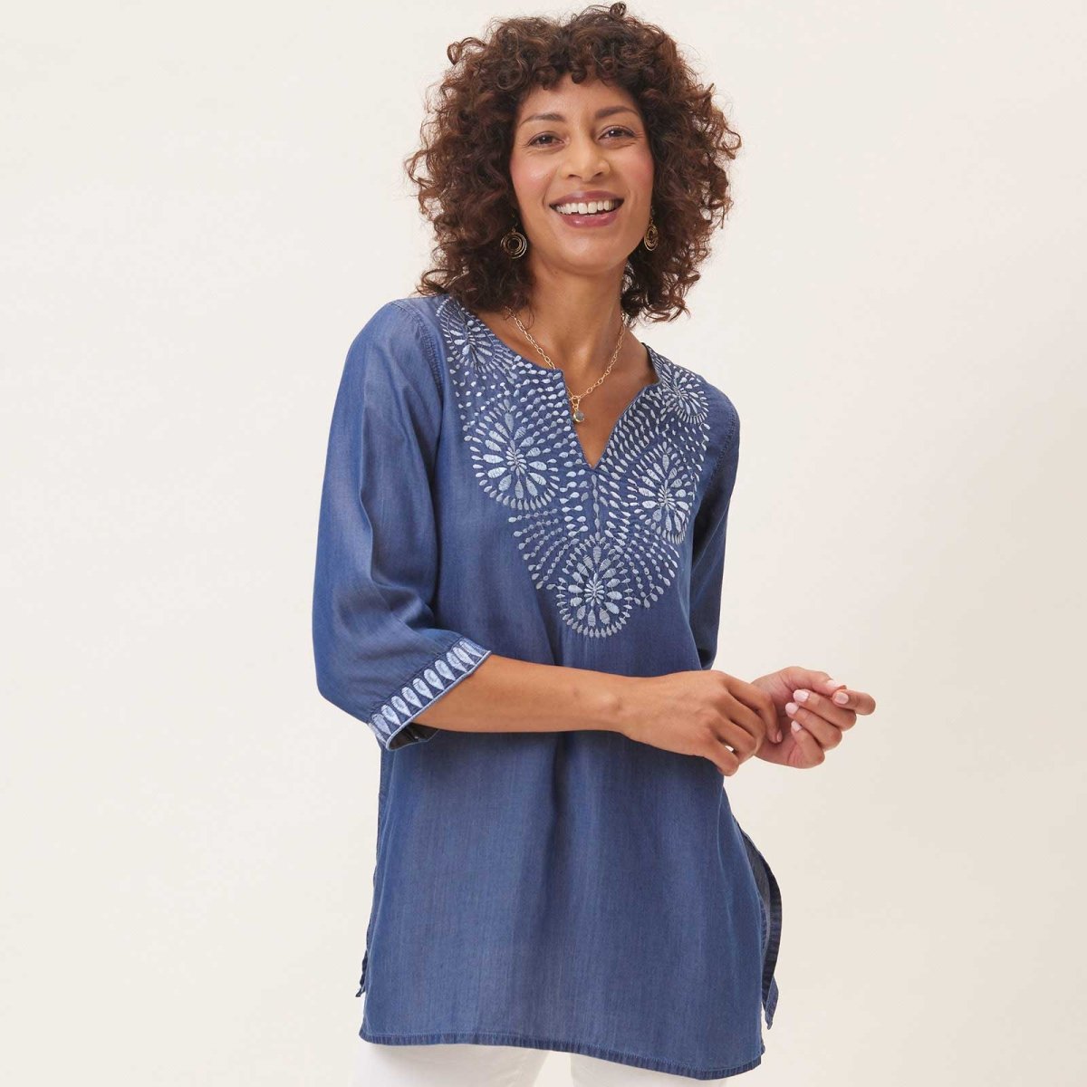 Chambray Top With Light Blue Embroidered Neckline Embroidered Tunic - rockflowerpaper