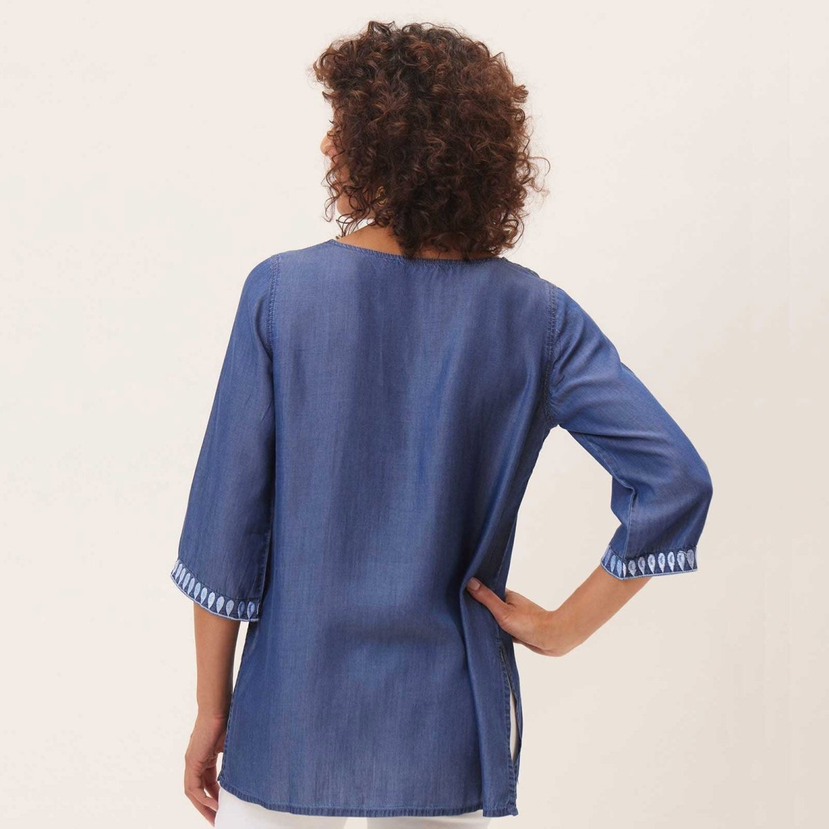 Chambray Top With Light Blue Embroidered Neckline Embroidered Tunic - rockflowerpaper