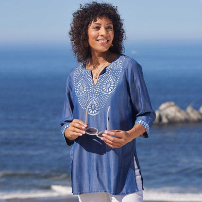 Chambray Top With Light Blue Embroidered Neckline Embroidered Tunic - rockflowerpaper