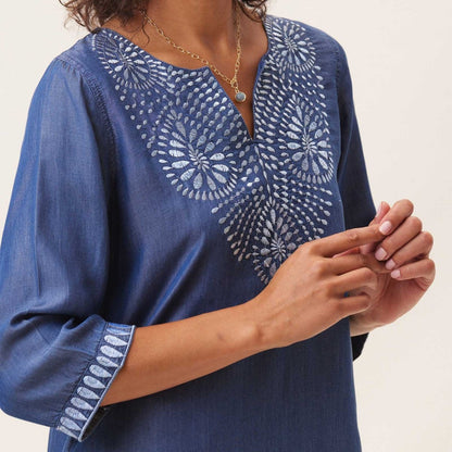 Chambray Top With Light Blue Embroidered Neckline Embroidered Tunic - rockflowerpaper