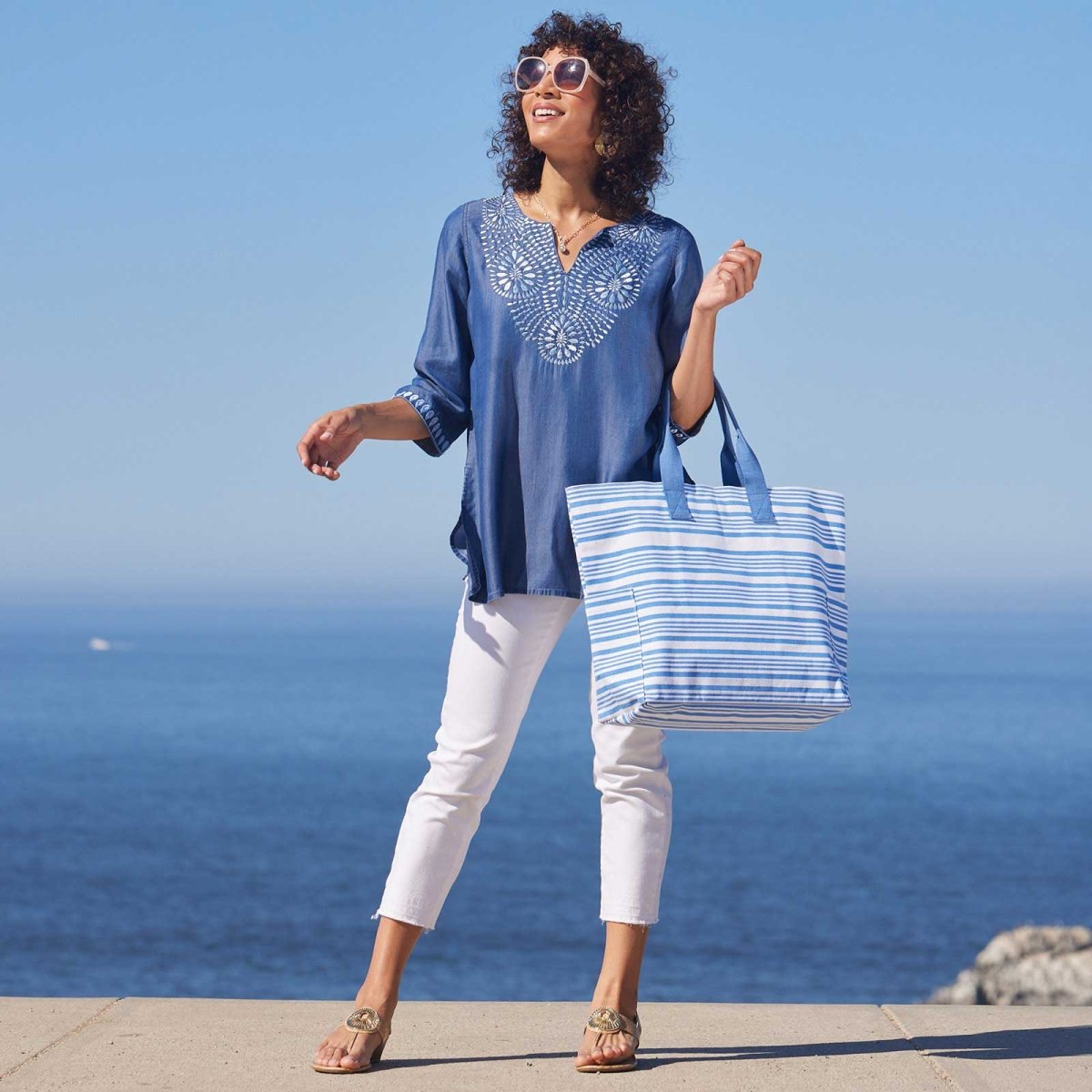 Chambray Top With Light Blue Embroidered Neckline Embroidered Tunic - rockflowerpaper