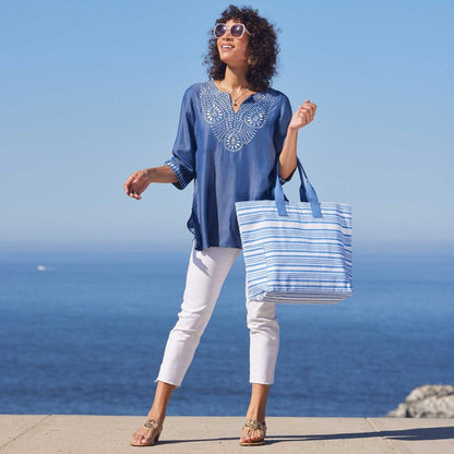 Chambray Top With Light Blue Embroidered Neckline Embroidered Tunic - rockflowerpaper