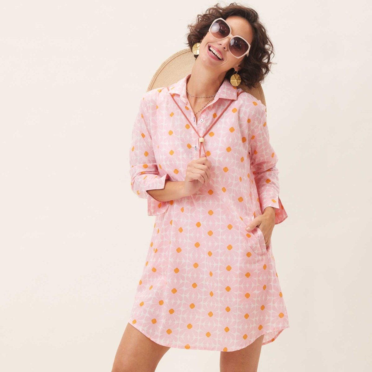 Daisy Pink blu Cotton Beach Shirt Swim Cover Up - rockflowerpaper