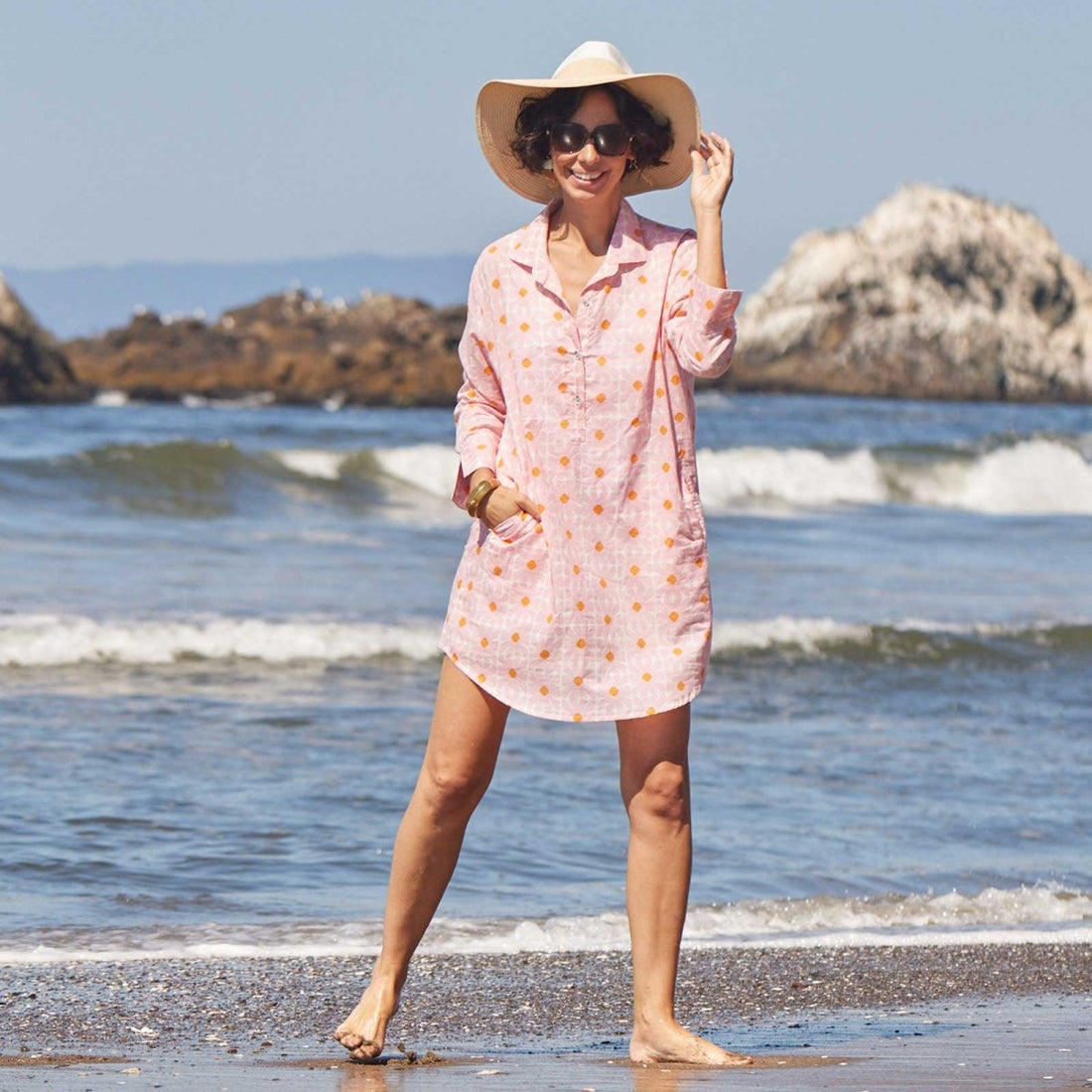 Daisy Pink blu Cotton Beach Shirt Swim Cover Up - rockflowerpaper